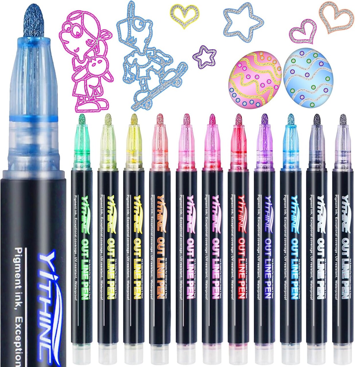 Outline Shimmer Markers, 12 Glitter Metallic Gel Pens for Coloring(12 Colors)